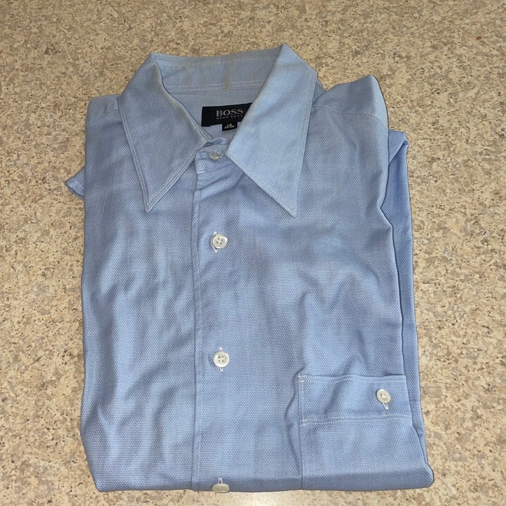 blue men’s dress shirt